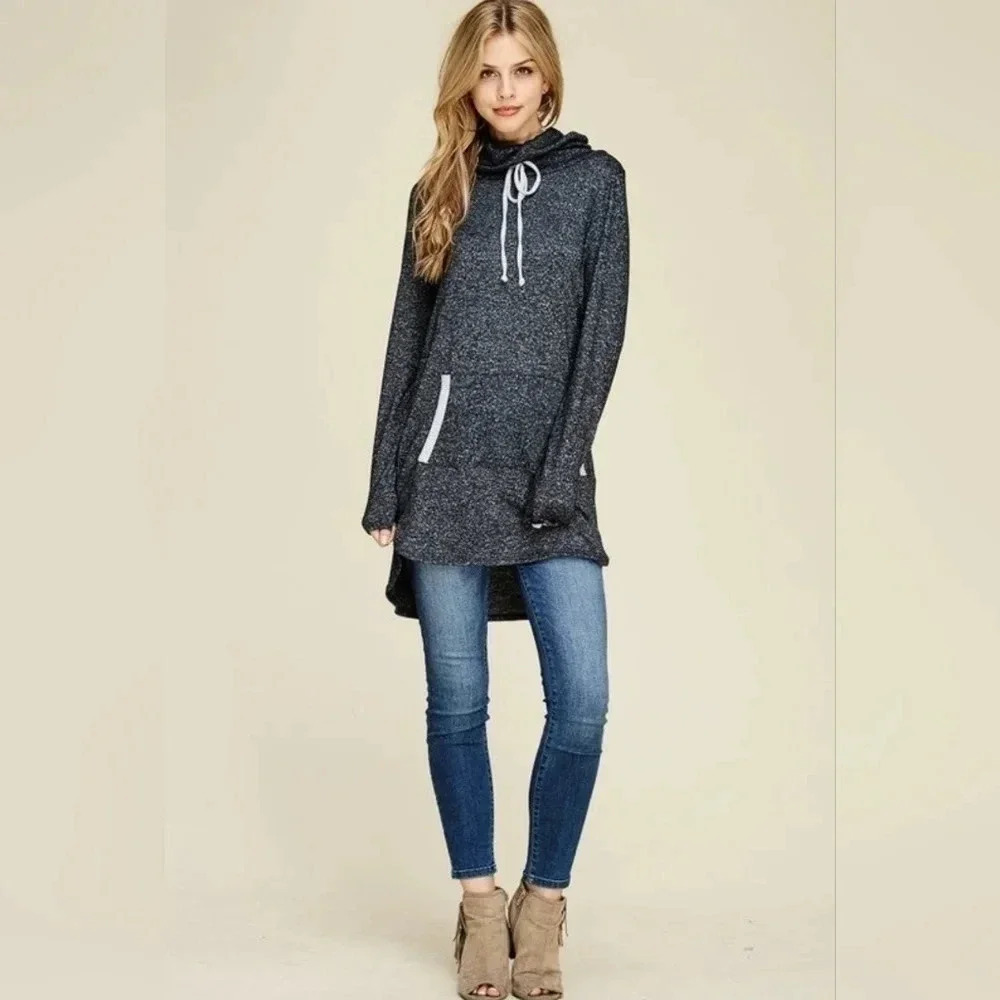 WHITE BIRCH Front Pouch Cowl Neck Sweater